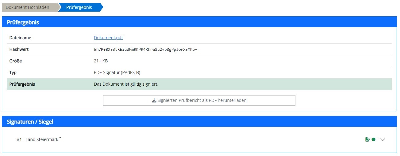Signaturergebnis erfolgreiche Prüfung 